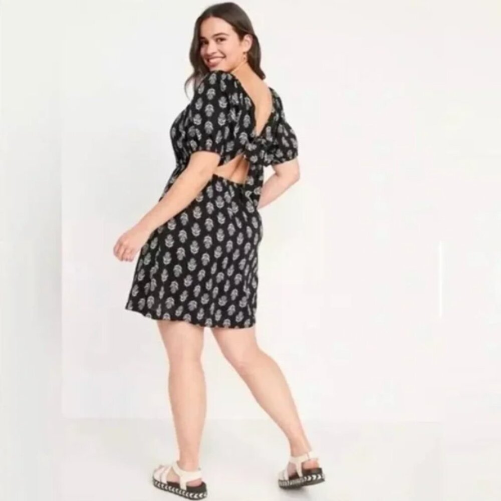 Old Navy Puff-Sleeve Printed Tie-Back Mini Swing Dress XL Black NWT